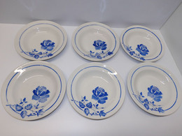 *6 ASSIETTES DEMI CREUSES MOULIN DES LOUPS HAMAGE Mod. RIGOBERT ROSES BLEUES  E - Orchies/Moulin Des Loups (FRA)