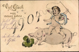 CPA Glückwunsch Neujahr, Jahreszahl 1904, Engel Auf Einem Schwein, Kleeblatt - New Year