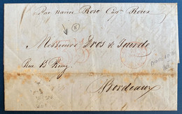 Lettre Guadeloupe 1852 Pointe à Pitre  Bordeaux  "par Navire Rose Captne ROUX" + " Colonies.fra/pauillac " + Taxe 35 - Cartas & Documentos