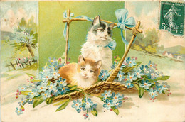 Chat * Cpa Illustrateur * Chats Dans Une Panier De Fleurs  * Gaufrée Embossed * Cat Katze - Cats