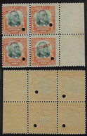 Brazil 1906 RHM-Official-7 President Afonso Pena 400 Réis Block Of 4 Stamp With Hole And Overprint Specimen Unused - Officials