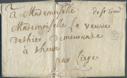 LAC De MENSE Le 11 Octobre 1773 + Griffe Manuscrite De St Trond (Sint TRUIDEN)  Vers Herve, Par Liège; Port '2' à L'encr - 1714-1794 (Oesterreichische Niederlande)