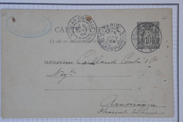 BB7 FRANCE BELLE CARTE  ENTIER SAGE 10C 1894 PARIS   A AUMAGNE ++ ++ AFFRANCH. PLAISANT - Tarjetas Precursoras