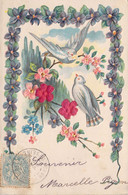 CPA - OISEAUX - Illustration De Pigeons Apportant Un Message à Un Autre - Fleurs Roses Rouges Et Bleues - Relief - DosND - Pájaros