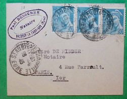 N°549 X3 MERCURE MIGNONETTE ST AUBIN D'ECROSVILLE EURE POUR PARIS RUE PERRAULT 1943 LETTRE COVER FRANCE - 1938-42 Mercure