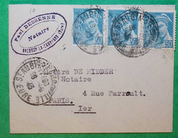 N°549 X3 MERCURE MIGNONETTE ST AUBIN D'ECROSVILLE EURE POUR PARIS RUE PERRAULT 1943 LETTRE COVER FRANCE - 1938-42 Mercurius