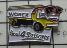 911d  Pin's Pins / Beau Et Rare / THEME : CARBURANTS / CAMION DE FIOUL WOREX 4 SAISONS LUNETTES DE SOLEIL - Carburants