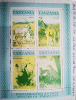 FEHLENDE FARBE Block 58 Tanzania ENDENGERED ANIMALS - Tansania Nr. 328-331 POSTFRISCH - Seltene Abart ROT+SCHWARZ FEHLT - Tanzania (1964-...)