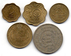 CEYLON, Set Of Five Coins 2, 10, 25, 50 Cents, 1 Rupee, Brass, C-Nickel, Year 1951, 1957, KM # 119, 121, 122, 123, 125 - Sri Lanka