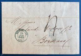 Lettre Non Timbrée 1857 Dateur Bruxelles Bleu + Dateur Entrée : " Belg /5 / Valenciennes "  En Bleu + Taxe Pour Bordeaux - Altri & Non Classificati