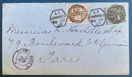 Grande Bretagne Lettre Levée Exceptionnelle 1887 London N°73+95 Obl Killer LS/5, L1 + Perforé D&C + Ligne Calais A Paris - Brieven En Documenten