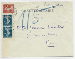 FRANCE SEMEUSE 25C PAIRE TIMBRE CARNET +10C PNEUMATIQUE ENTETE LA GAZETTE DE PARIS 1921 - 1906-38 Sower - Cameo