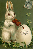 Lapin Humanisé * CPA Illustrateur Gaufrée Embossed * 1906 * Violon Violoniste Musicien * Oeuf Egg Rabbit Joyeuses Pâques - Other & Unclassified