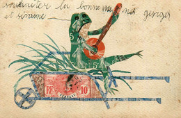 Stamps * CPA à Système De Collage De Timbres ! * Grenouille Humanisée Jouant De La Guitare Surune Brouette * Frog - Stamps (pictures)