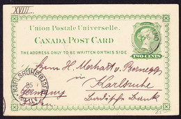 1891 2c GZ Karte Aus Kanada Nach Karlsruhe Mit Ankunftsstempel - Storia Postale