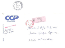 PARIS CHEQUES CCP Centre 7 Lettre Recommandée Franchise Ob 1983 Etiquette Reco Rose Dos CNE Epargne Logement 45 Orléans - 1961-....