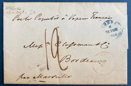 Grèce Lettre D'OCT 1850 Sans Timbre Dateur D'Athenes Bleu  + Taxe 12 + Dateur D'entrée Rouge De Marseille Pour Bordeaux - ...-1861 Préphilatélie