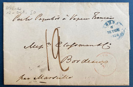 Grèce Lettre D'OCT 1850 Sans Timbre Dateur D'Athenes Bleu  + Taxe 12 + Dateur D'entrée Rouge De Marseille Pour Bordeaux - ...-1861 Prephilately