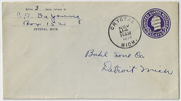 United States Of America USA Postal Stationery Cover 3 Cents Washington Sent From Crystal Michigan To Detroit - 1941-60