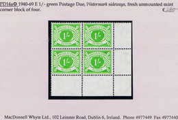 Ireland Postage Due 1940-69 E 1/- Green Watermark Sideways (reading Down) Corner Block Of 4 Mint Unmounted - Segnatasse