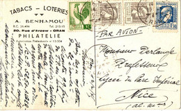 CPA PUBLICITAIRE TABACS LOTERIES PHILATELIE BENHAMOU . ORAN + TIMBRES COQ ET DULAC . 1945 - Lettres & Documents