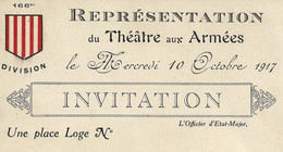 CARTE D'INVITATION REPRESENTATION DU THÉÂTRE AUX ARMÉES  OCTOBRE 1917 - Andere & Zonder Classificatie