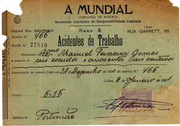 RECIBO DE  SEGUROS -A MUNDIAL- MANUEL TEIXEIRA GOMES- - Documenti Storici