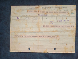 1945 Palestina Israel Telegramm Telegramme Telegramma Tel Aviv Holocaust Zurich - Palestine