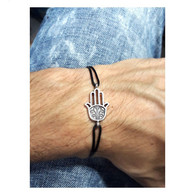 Adjustable Black Thread Bracelet With Hamsa Pendant Khmissa Hand Fatma - Unisex - Armbänder