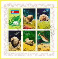 Petite Feuille De 5 Timbres Oblitérés - Escargots Et Poissons Marins - N° 1467-1470+PA4 (Yvert) - Corée Du Nord 1977 - Korea, North
