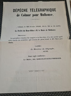 DEPECHE TELEGRAPHIQUE COLMAR MULHOUSE REUNION DU CONGRES 1856 - Unclassified