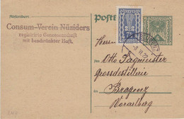 Ganzsache Consum Verein Nüziders - Bludenz 8.VI.1922 > Otto Sagmeister Grossdistellerie Bregenz - Essig-Bestellung - Cartas