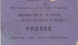 (Paris) Carte De Circulation De PRESSE Pour L'inauguration De La Statue De La Liberté éclairant Le Monde. - Autres
