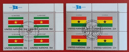 UNO NEW YORK 1980 1985 SURINAME AMERICA GHANA AFRICA FLAG OF NATIONS BLOC OF FOUR FIRST DAY FULL GUM - Usados