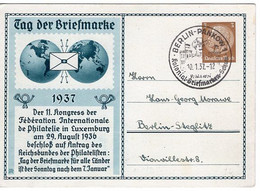 54119 - Deutsches Reich - 1937 - 3Pfg Hindenburg PGAKte "Tag Der Briefmarke" SoStpl BERLIN - KOLONIAL-BRIEFMARKEN-SCHAU - Entiers Postaux