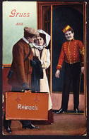 1913 Gelaufene AK: Gruss Aus Reinach Mit Bildchen Im Aufklappbaren Köfferchen. Rückseitig Mit 3 Portomarken. - Reinach