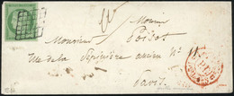 O 2 -- 15c. Vert Obl. Grille Arrondie De Paris + Cachet Rouge ''P.P. Du Bureau G'' S/lettre Locale à Destination De PARI - 1849-1850 Cérès