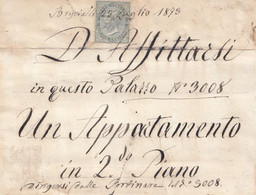 R17 - REGNO - USI FISCALI - Annuncio "AFFITTASI" Del 23 Luglio 1873 A Brescia Regolarizzato Con Cent. 5 Grigio Verde DLR - Fiscale Zegels