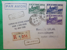 RECOMMANDE PAR AVION TUNIS TUNISIE PROTECTORAT FRANCAIS POUR SAIGON INDOCHINE INCONNU RETOUR ENVOYEUR 1946 COVER FRANCE - Airmail