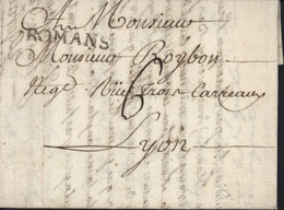 Dauphiné Drôme Marque Postale Noire ROMANS (30x5mm) Du 2 JUIN 1778 Lenain N°6 Taxe Manuscrite 6 Pour Lyon - 1701-1800: Voorlopers XVIII