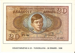 POSTAL DE ESPAÑA DE UN BILLETE DE YUGOSLAVIA DE 20 DINARS DEL AÑO 1936 (BANKNOTE) - Coins (pictures)