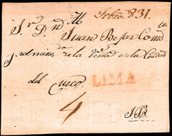 Ultramar - Perú - Prefilatelia - Lima PE 12 - Frontal De Lima A Cuzco + Porteo Manuscrito "4" - ...-1850 Prefilatelia