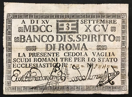 Banco Di Santo Spirito Di Roma 3 Scudi 15 09 1795 Raro Bb/spl Pressato Lotto.2977 - [ 9] Collezioni