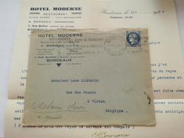 Lettre,  Hôtel Moderne ,  Bordeaux 1938 Envoyé à Virton - Storia Postale