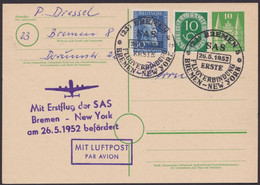 P 7, Gute Zusatzfrankatur, Erstflug "Bremen-New York", 1952, Pass. Stempel - Postkarten - Gebraucht