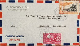 J) 1949 COSTA RICA, NATIONAL LIBERATION WAR, UPU, MULTIPLE STAMPS, AIRMAIL, CIRCULATED COVER, FROM COSTA RICA TO STAMFOR - Costa Rica