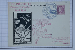 BB12 FRANCE BELLE CARTE   1946 ESSAI DE PARACHUTAGE VINCENNES A PARIS  +PRISONNIER STALAG++ AFFRANC. PLAISANT - 1927-1959 Lettres & Documents