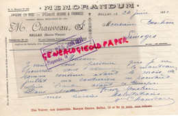 87- BELLAC - MEMORANDUM M. CHAUVEAU * EPICERIE BEURRE FROMAGE -1931 - Alimentos