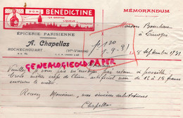 87- ROCHECHOUART- RARE MEMORANDUM EPICERIE PARISIENNE A. CHAPELLAS- BENEDICTINE- A BOUCHARA LIMOGES 1931 - Alimentos