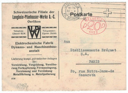 Langbein Pfanhauser Werke AG Zürich Oerlikon Bahnhof - Hasler Stempel Nr. 1122 > Paris - Frankiermaschinen (FraMA)